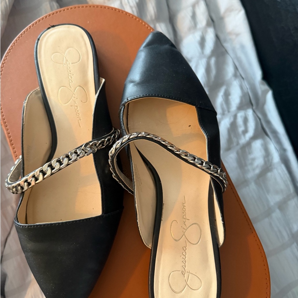Jessica Simpson Black Mules with Silver Chain